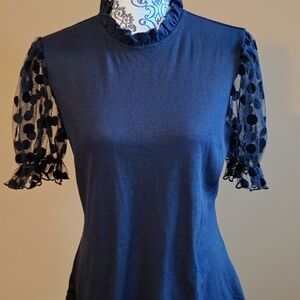Elegant Navy Blue Top with Sheer Polka Dot Sleeves